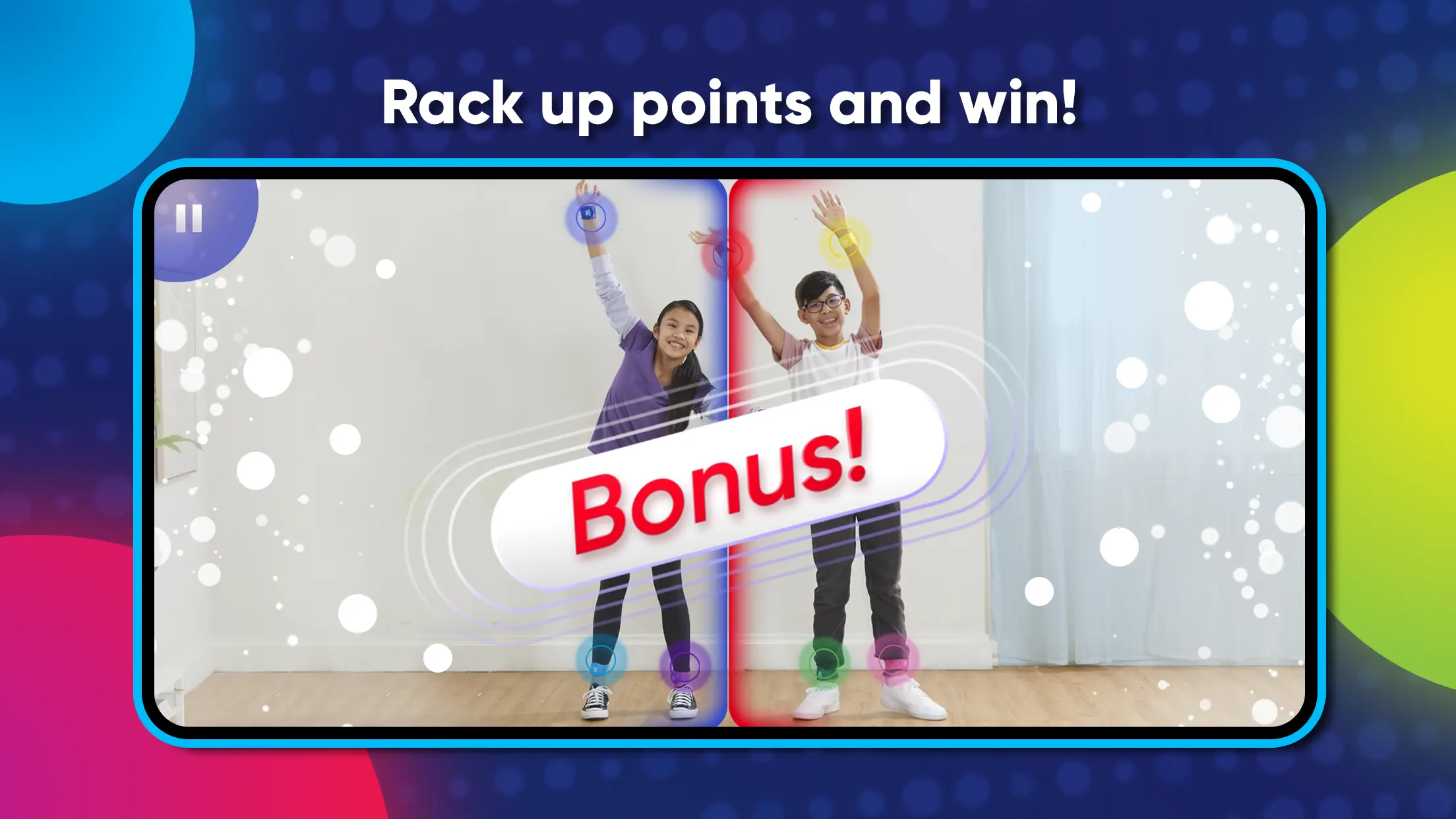 Twister Air játékmenet közeli felvételen, színes AR célpontokkal a levegőben