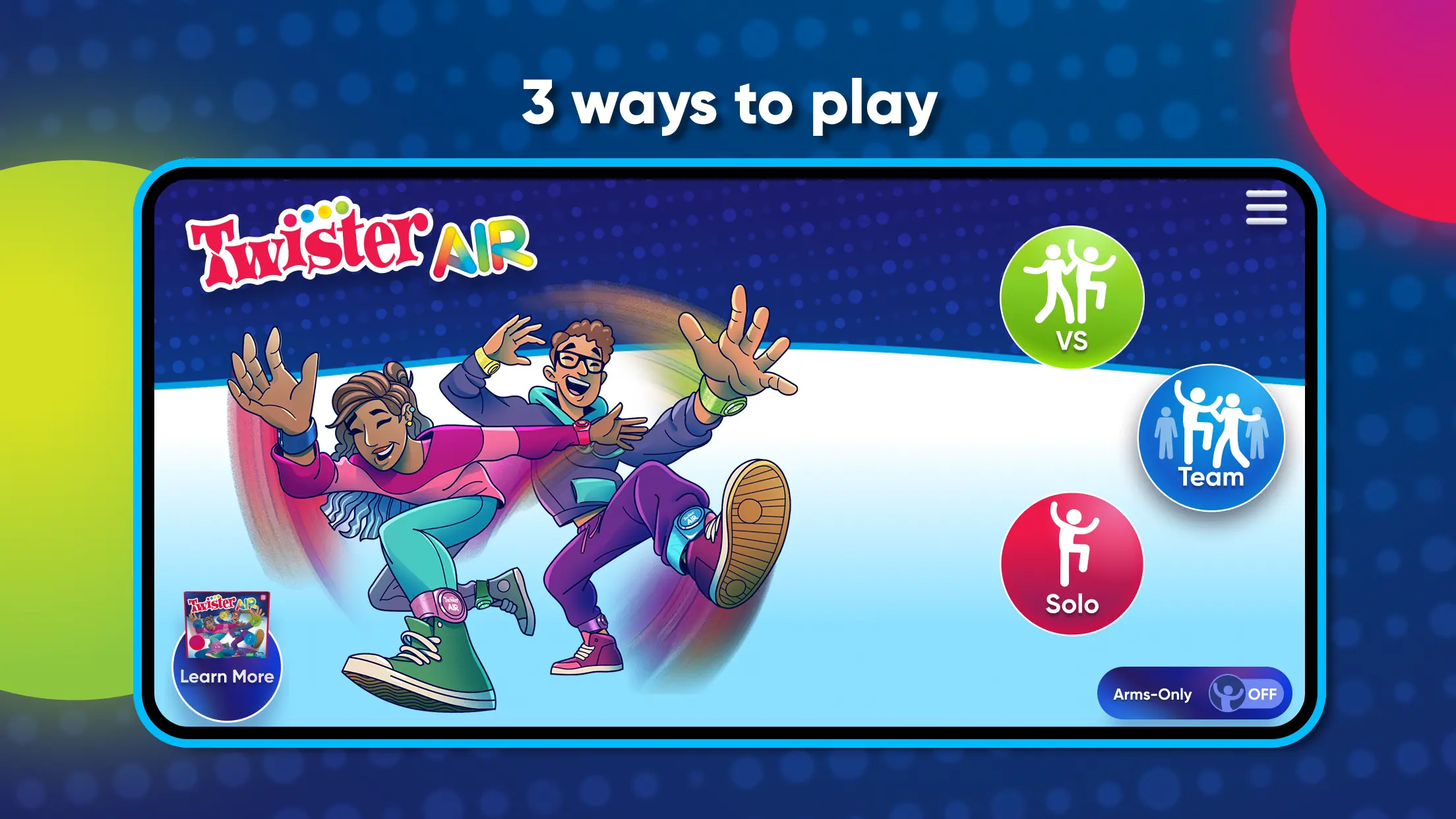 Twister Air játékmenet közeli felvételen, színes AR célpontokkal a levegőben