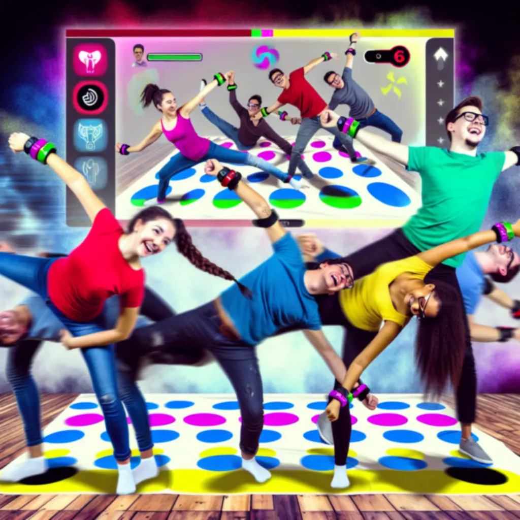 Vibráló, színes fotó Twister Air csapatmódban játszó társaságról, akik nevetve, lendületesen mozognak.