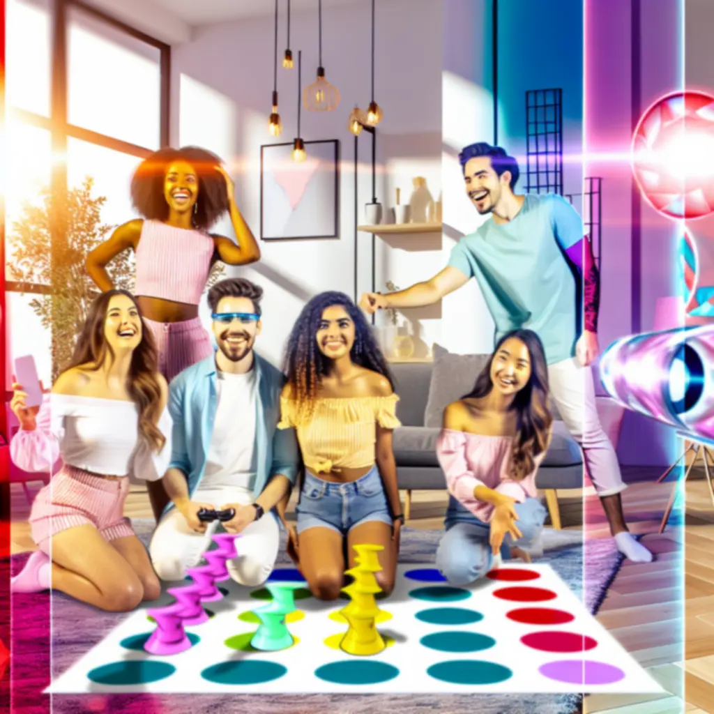 Barátok energikus csapatmódban játszanak Twister Air-rel, színes fények között.