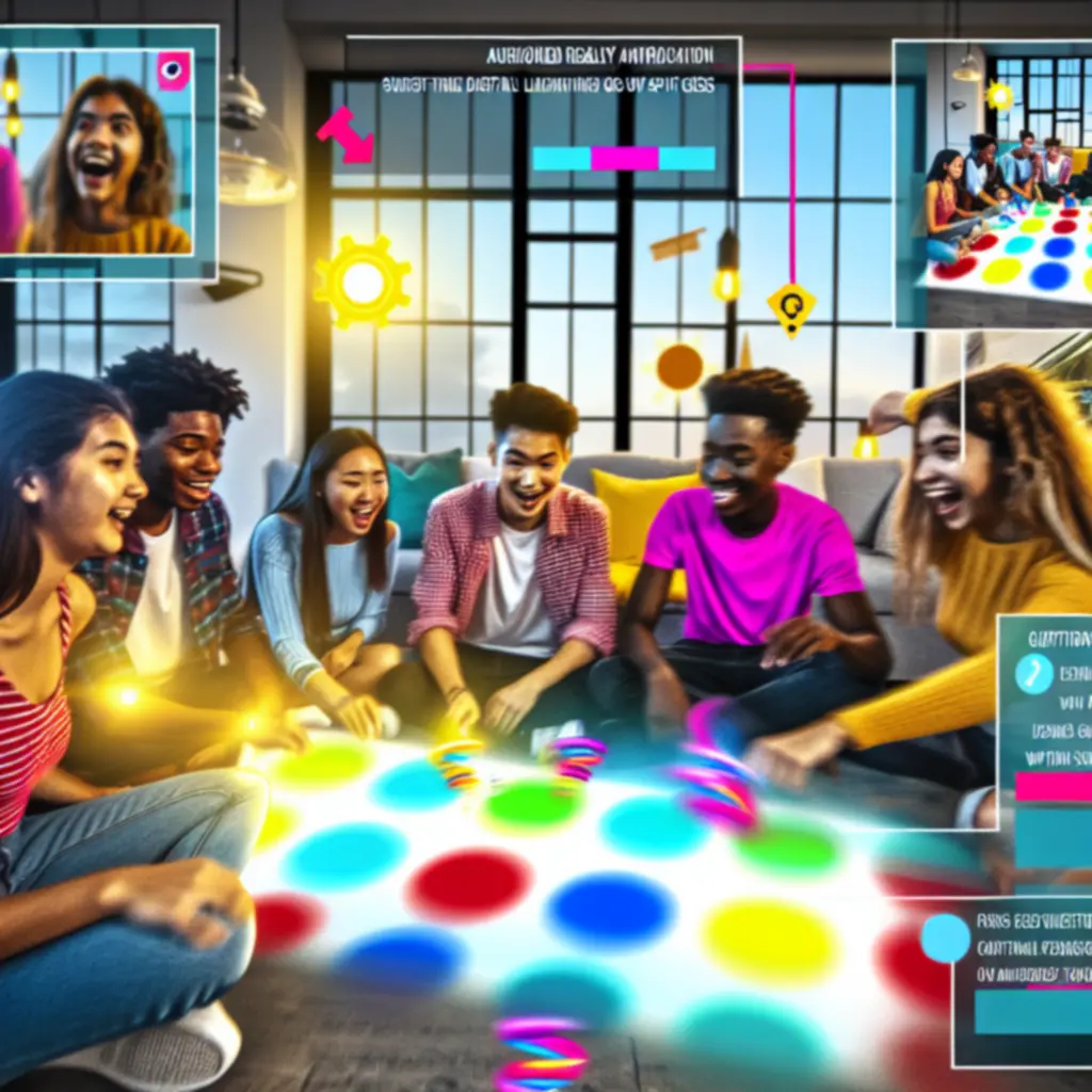 Twister Air AR bulijelenet: színes, mozgásban lévő játékosok telefonnal és színes sávokkal.