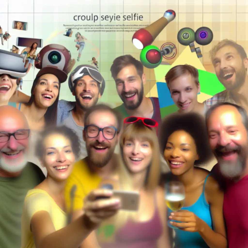 Vidám játékosok csoportszelfit készítenek Twister Air után, boldog arckifejezésekkel.